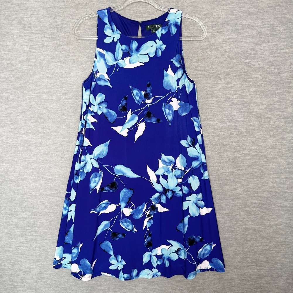 Lauren Ralph‎ Lauren Sleeveless A-Line Dress Size 8 Blue White Floral Womens